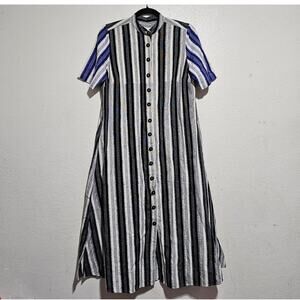 Aish Erum Shirt Dress Women XS Mock Collar Button Closure Stripe Black Blue
